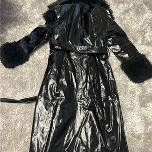 7 For All Mankind Shiny Black Trench Coat with Faux Fur